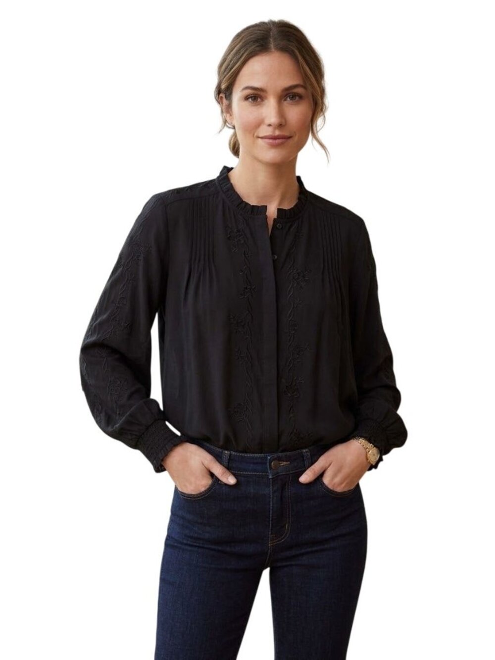 Joie Teda Black Embroidered Ruffled High Neck Pintuck Black On Black Size XL